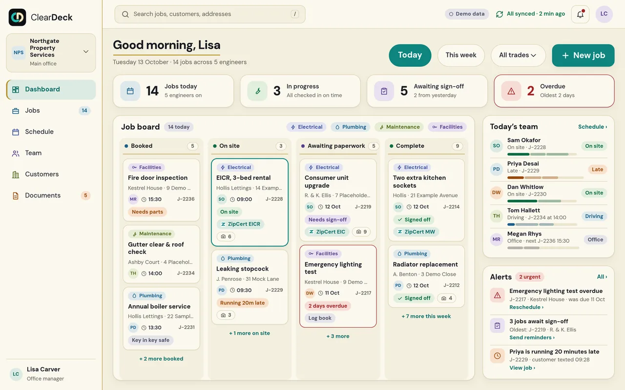 ClearDeck dashboard: today’s jobs on a board, the team and alerts