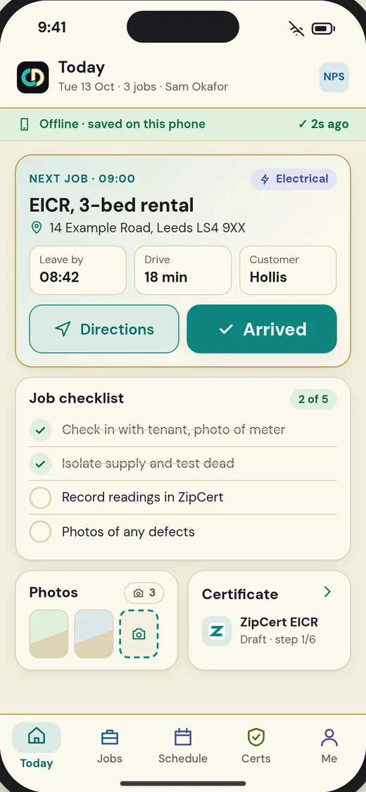 ClearDeck engineer app: the Today screen with the next job