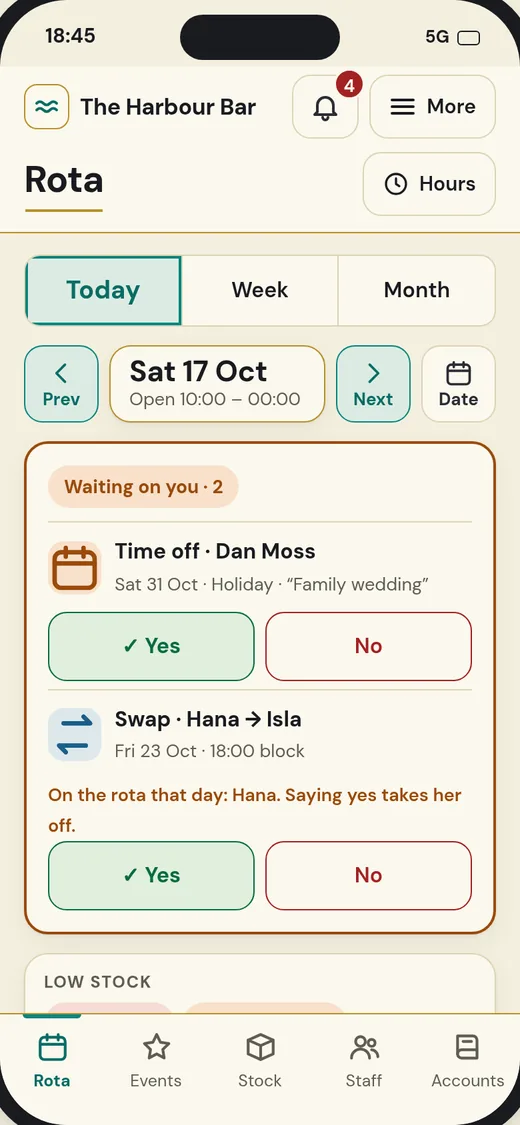 ClearDeck rota on a phone, with time-off and swap requests to answer