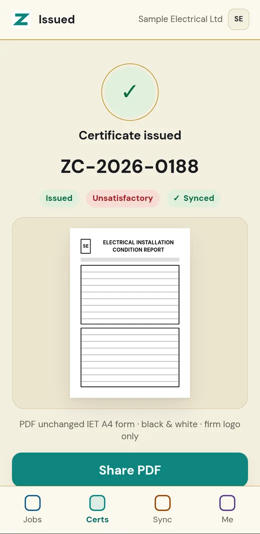 ZipCert: certificate issued, with Share PDF